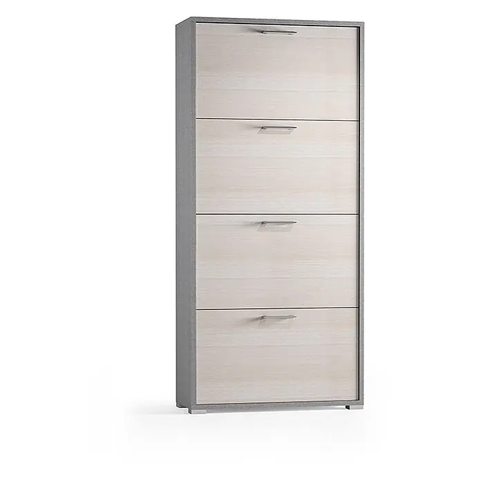 Kiamami Valentina Schuhschrank - L x B x H: 67 x 28 x 147 cm, Grau, Beige - Hoher Schuhschrank mit 4 hellen Holzmaserung-Kipptüren und grauem Rahmen.