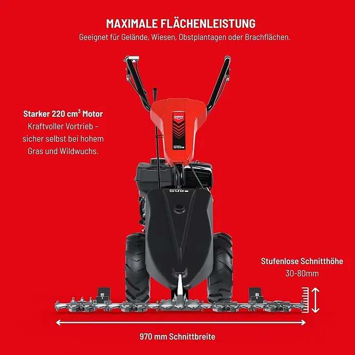 Güde Frontbalkenmäher GBM 970-212 Pro - Schnittbreite: 970 mm - Roter und schwarzer Wiesenmäher mit 970 mm Schnittbreite und stufenloser Schnitthöhenverstellung von 30-80 mm, angetrieben von einem 220 cm³ Motor.