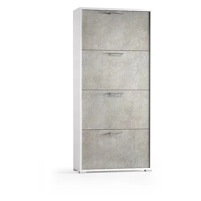 Kiamami Valentina Schuhschrank - L x B x H: 67 x 28 x 147 cm, Wiss, Zementfarbe - Weißer Schuhschrank mit vier grauen Betonoptik-Schubladen und Metallgriffen.