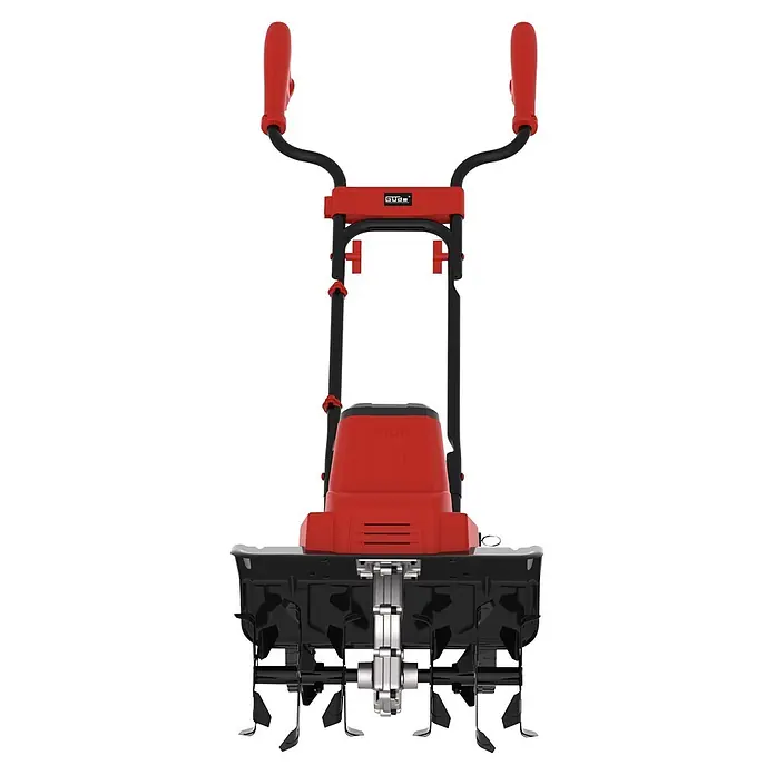 Güde Elektro-Bodenhacke GEGF 1540.1 - Leistung: 1.500 W, Arbeitsbreite: 40 cm, Arbeitstiefe: 20 cm - Rote und schwarze Gartenfräse mit ergonomischen Griffen und Metallzinken zur Bodenbearbeitung.