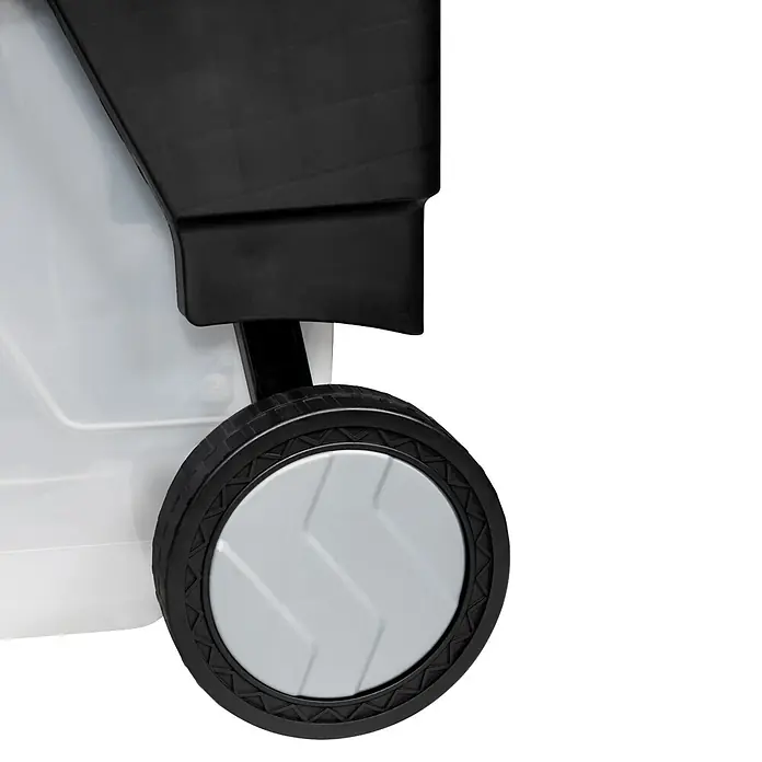 Güde Elektro-Walzenhäcksler GH 2800 Super Silent - Max. Aststärke: 4,5 cm - Schwarzes Rad mit hellgrauer Nabe, an einem weiß-schwarzen Kunststoffbehälter befestigt.