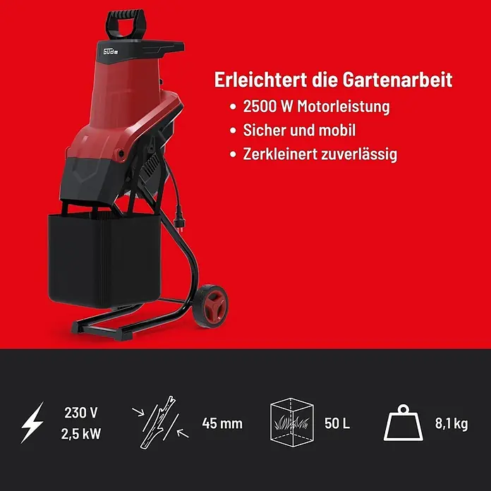 Güde Elektro-Messerhäcksler GEH 2500 - Max. Aststärke: 4,5 cm - Rot-schwarzer Elektro-Gartenhäcksler mit Rädern und 50L Fangsack, für Äste bis 45mm.