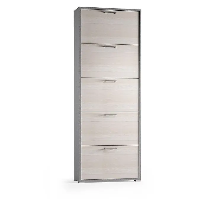 Kiamami Valentina Schuhschrank - L x B x H: 65 x 18 x 184 cm, Holz mittel - Schmaler, hoher Schuhschrank mit 5 hellen Holz-Klapptüren und grauem Rahmen.