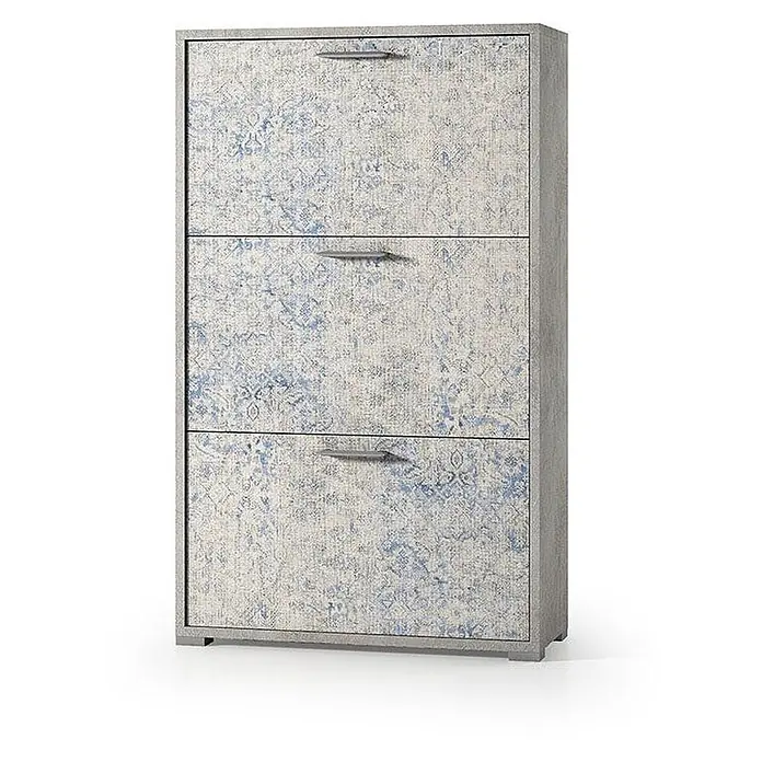 Kiamami Valentina Schuhschrank - L x B x H: 67 x 28 x 112 cm, Mehrfarbig - Heller grauer Schuhschrank mit drei Kippfächern, blau-weißem Mustermix und silbernen Griffen.
