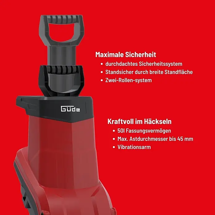 Güde Elektro-Messerhäcksler GEH 2500 - Max. Aststärke: 4,5 cm - Roter und schwarzer Gartenschredder mit robustem Design, Griffen oben, vor rotem Hintergrund.