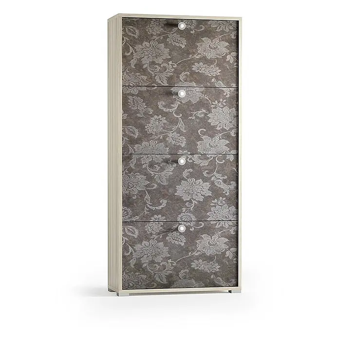 Kiamami Valentina Schuhschrank - L x B x H: 67 x 28 x 147 cm, Mehrfarbig - Hoher Schuhschrank mit fünf dunkelgrauen Fächern mit Blumenmuster, Kippfunktion und hellem Holzrahmen.