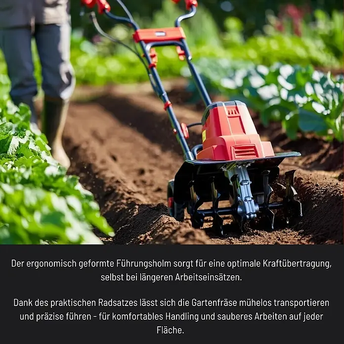 Güde Elektro-Bodenhacke GEGF 1540.1 - Leistung: 1.500 W, Arbeitsbreite: 40 cm, Arbeitstiefe: 20 cm - Rote und schwarze Gartenfräse beim Umgraben der Erde in einem Garten, bedient von einer Person.