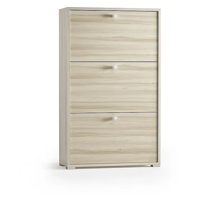Kiamami Valentina Schuhschrank - L x B x H: 67 x 28 x 112 cm, Holz mittel - Helles Holz Schuhschrank mit drei kippbaren Fächern und weißen Knöpfen.