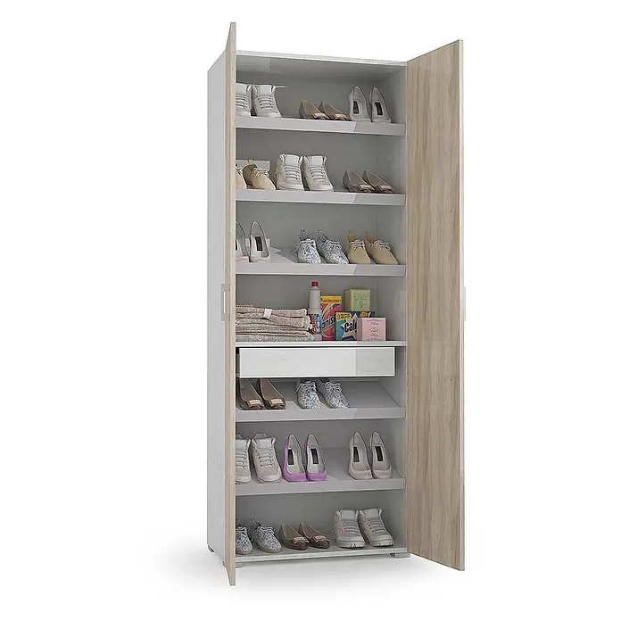 Kiamami Valentina Schuhschrank - L x B x H: 72 x 37 x 195 cm, Holz mittel, Weiss - Zweitüriger Schuhschrank mit weißem Rahmen und hellen Holztüren, mit mehreren Fächern voller Schuhe und Reinigungsmittel.