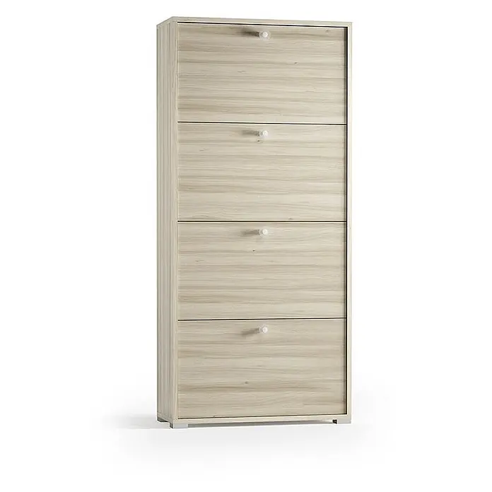 Kiamami Valentina Schuhschrank - L x B x H: 67 x 28 x 147 cm, Holz mittel - Heller Holzschuhschrank mit vier kippbaren Fächern und kleinen transparenten Knöpfen.