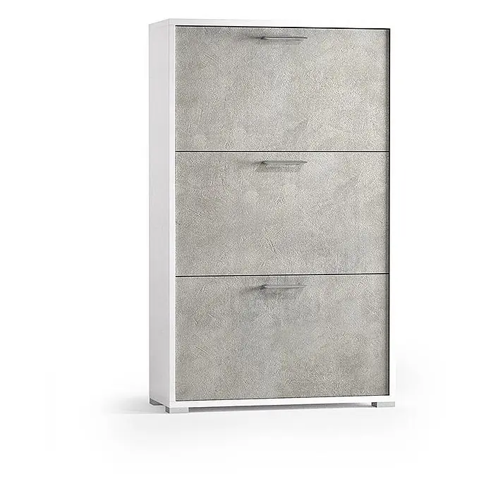 Kiamami Valentina Schuhschrank - L x B x H: 67 x 28 x 112 cm, Zementfarbe - Schuhschrank mit weißem Rahmen, drei grauen strukturierten Schubladen und silbernen Griffen.