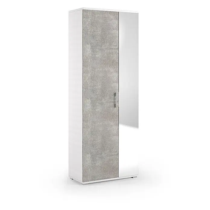 Kiamami Valentina Schuhschrank - L x B x H: 72 x 37 x 195 cm, Wiss, Zementfarbe - Schmaler weißer Kleiderschrank mit einer Tür in Betonoptik und einer Spiegeltür, ausgestattet mit einem silbernen Griff.