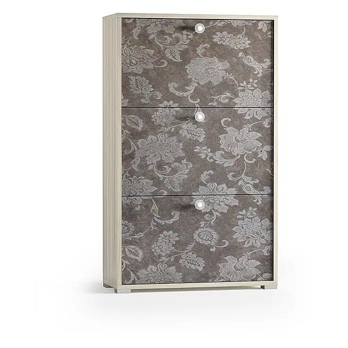 Kiamami Valentina Schuhschrank - L x B x H: 67 x 28 x 112 cm, Mehrfarbig - Dreischubladiger Schuhschrank mit dunklen Blumenmusterfronten und hellem Holzrahmen.