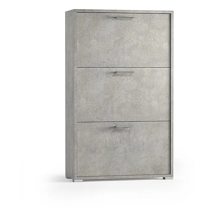 Kiamami Valentina Schuhschrank - L x B x H: 67 x 28 x 112 cm, Zementfarbe - Grauer Schuhschrank in Betonoptik mit drei Klappfächern und Metallgriffen.