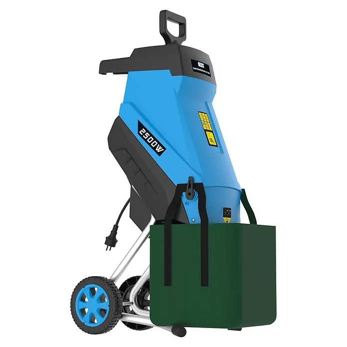 Güde Elektro-Messerhäcksler GH 2501 - Max. Aststärke: 4,5 cm - Blauer und schwarzer Elektro-Gartenhäcksler mit grünem Auffangsack und Rädern für einfachen Transport.