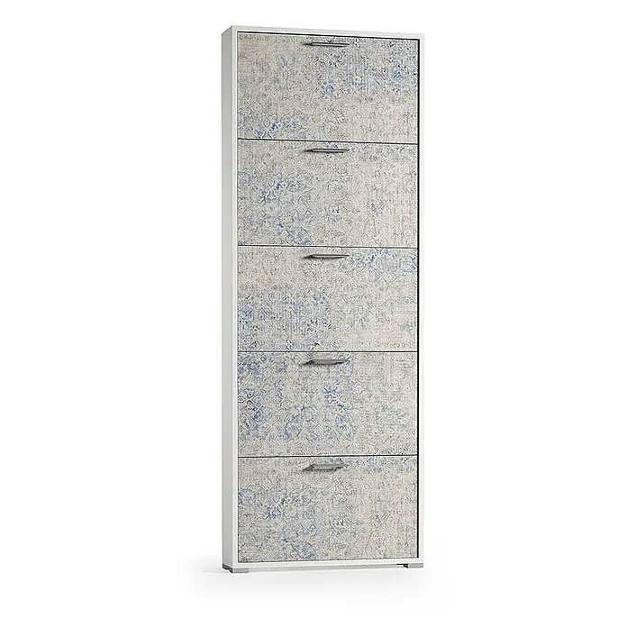 Kiamami Valentina Schuhschrank - L x B x H: 65 x 18 x 184 cm, Mehrfarbig - Hoher weißer Schuhschrank mit fünf gemusterten Schubladen in Blau und Beige, jeweils mit silbernem Griff.