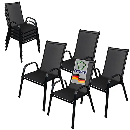CHEFGASTRO Stapelstuhl 4er Set mit Armlehnen & hohe Rückenlehne HxBxT 93x69x61cm Sitzhöhe 43cm In- & Outdoor Stahl mit Pulverbeschichtung Schwarz Gartenstuhl Balkonstühle Hochlehner