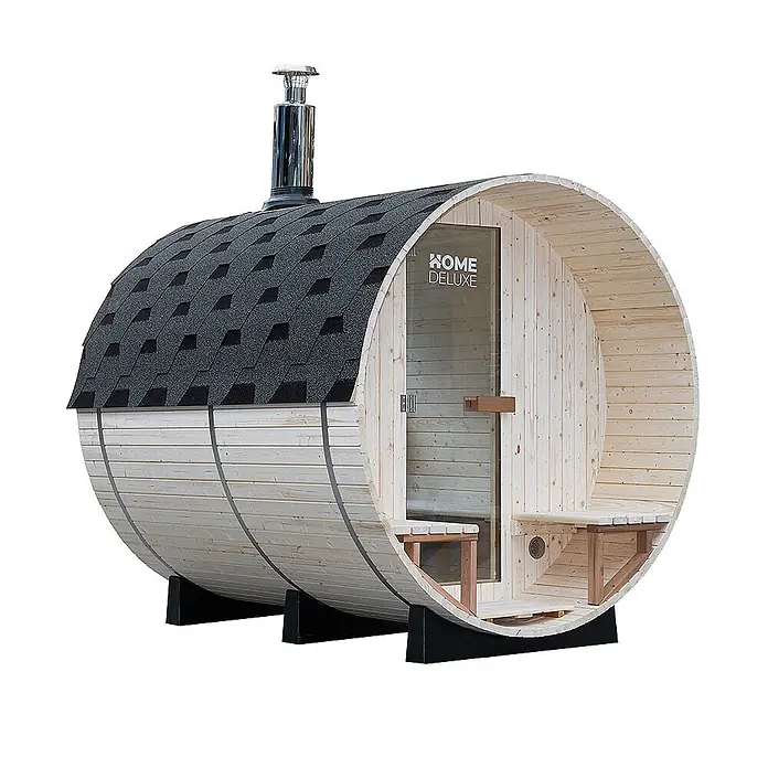 Home Deluxe Fasssauna LAGOM DELUXE - Holzofen, Holz - Holzfasssauna mit dunklem Schindeldach, Edelstahlkamin und internen Bänken für den Außenbereich.