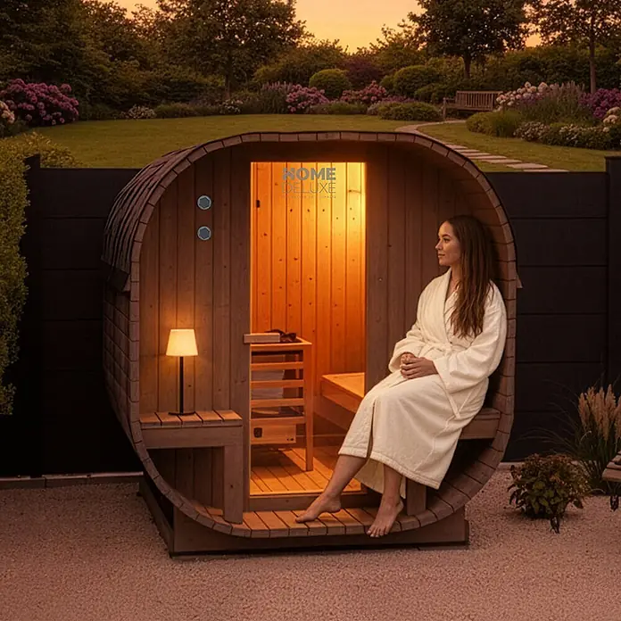 Home Deluxe Fasssauna CUBE DELUXE L - Elektroofen, Holz, L x B x H: 220 x 192,8 x 194 cm - Hölzerne Fasssauna mit einer Frau, die in einem Garten bei Sonnenuntergang entspannt.
