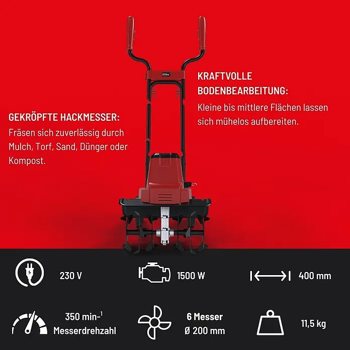 Güde Elektro-Bodenhacke GEGF 1540.1 - Leistung: 1.500 W, Arbeitsbreite: 40 cm, Arbeitstiefe: 20 cm - Rote und schwarze Elektro-Gartenfräse mit Griffen und rotierenden Messern.