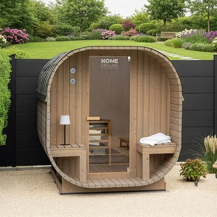 Home Deluxe Fasssauna CUBE DELUXE L - Elektroofen, Holz, L x B x H: 220 x 192,8 x 194 cm - Hölzerne Fasssauna mit Glastür.