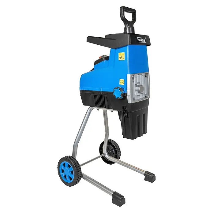 Güde Elektro-Walzenhäcksler GH 2801 Silent - Max. Aststärke: 44 cm - Blauer und schwarzer Elektro-Gartenhäcksler auf einem silbernen Rollgestell.