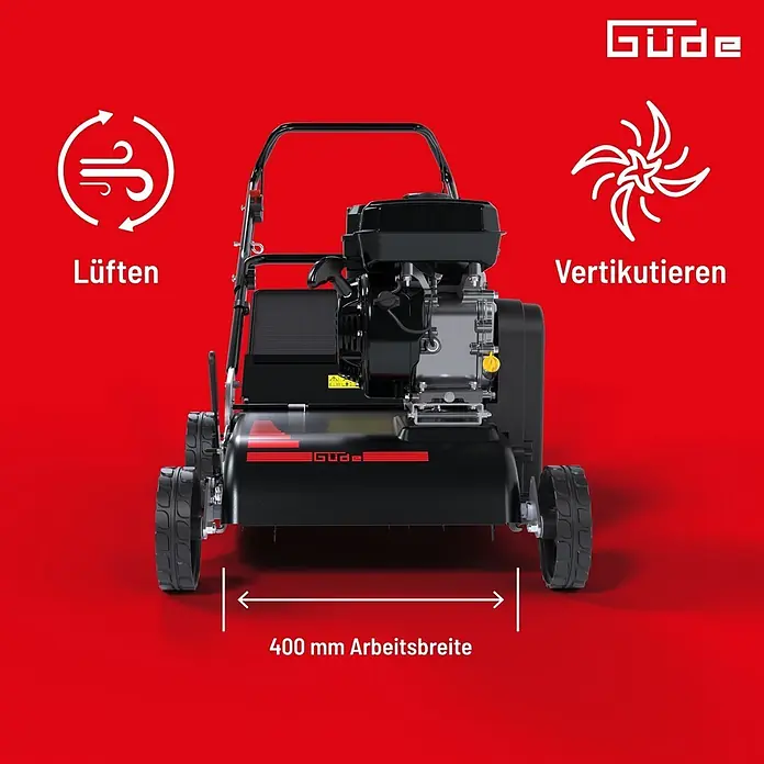 Güde Benzin-Vertikutierer-Lüfter 400-196 2in1 FS - 3,6 l, Arbeitsbreite: 40 cm - Schwarzer Benzin-Rasenvertikutierer und -Lüfter mit 400 mm Arbeitsbreite.