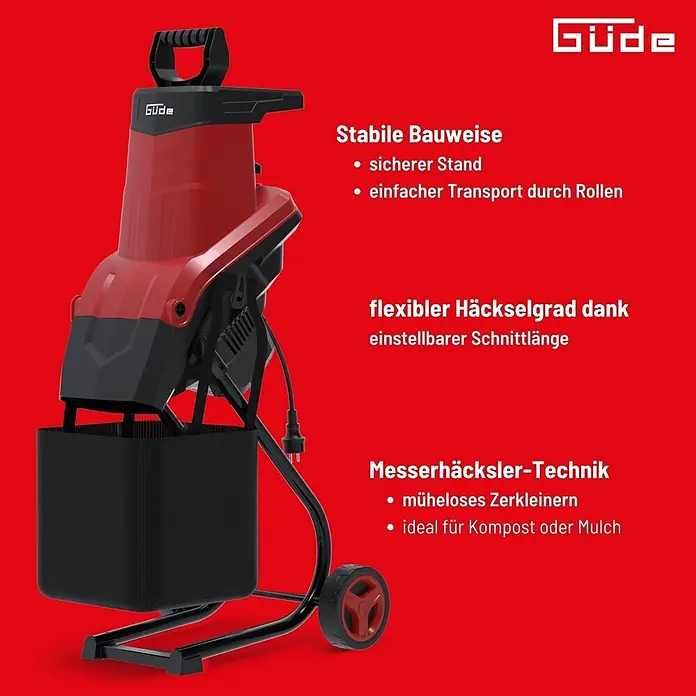 Güde Elektro-Messerhäcksler GEH 2500 - Max. Aststärke: 4,5 cm - Roter und schwarzer Gartenhäcksler mit stabilem Gestell, Rädern und Auffangsack für Schnittgut.