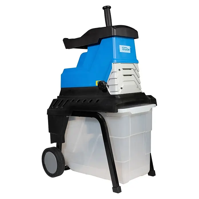 Güde Elektro-Walzenhäcksler GH 2800 Super Silent - Max. Aststärke: 4,5 cm - Blauer und schwarzer Gartenhäcksler mit transparentem Auffangbehälter und Rädern.