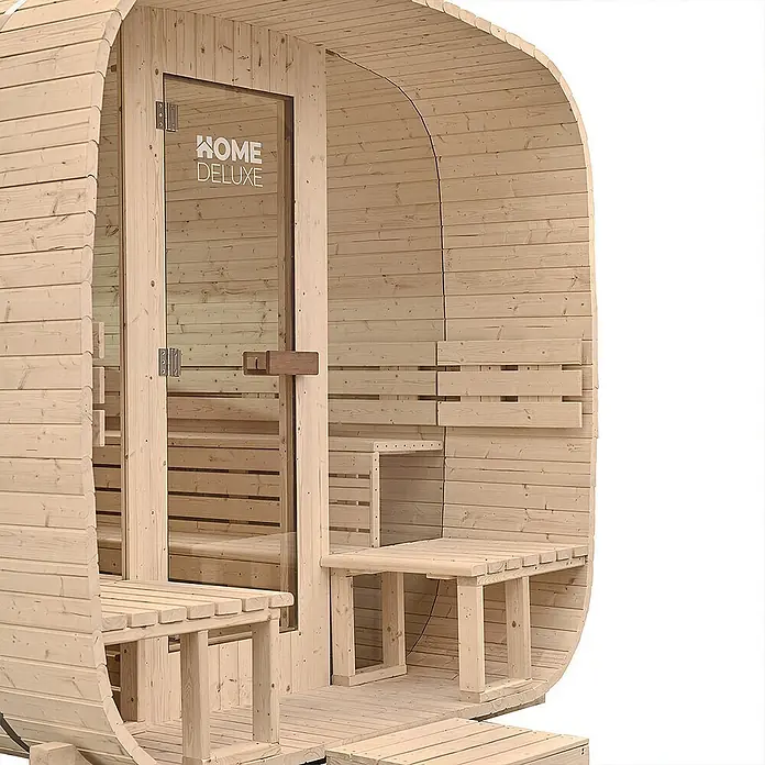 Home Deluxe Fasssauna HYGGE DELUXE Größe: 230 x 220 cm - Elektroofen, Holz, L x B x H: 260 x 230 x 220 cm - Fasssauna aus hellem Holz mit Glastür und externer Holzbank.
