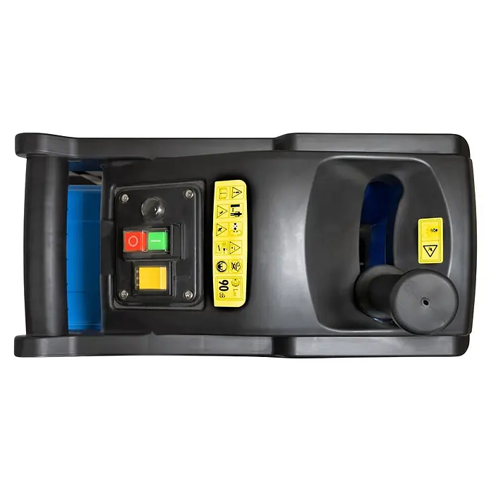 Güde Elektro-Walzenhäcksler GH 2800 Super Silent - Max. Aststärke: 4,5 cm - Nahaufnahme des schwarzen Kunststoff-Bedienfelds einer Maschine mit roten, grünen und gelben Tasten sowie gelben Sicherheitshinweisschildern.
