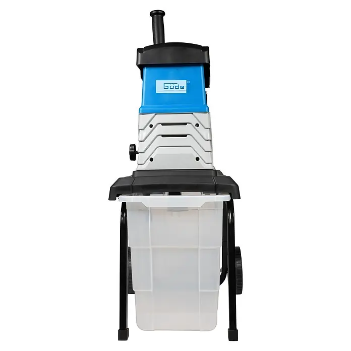 Güde Elektro-Walzenhäcksler GH 2800 Super Silent - Max. Aststärke: 4,5 cm - Blauer und grauer Güde Gartenhäcksler mit schwarzem Rahmen und transparentem Auffangbehälter.