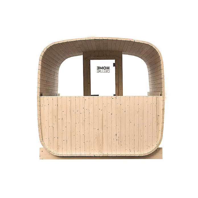 Home Deluxe Fasssauna HYGGE DELUXE Größe: 230 x 220 cm - Elektroofen, Holz, L x B x H: 260 x 230 x 220 cm - Fasssauna aus hellem Holz mit gewölbtem Dach und transparenter Vordertür.