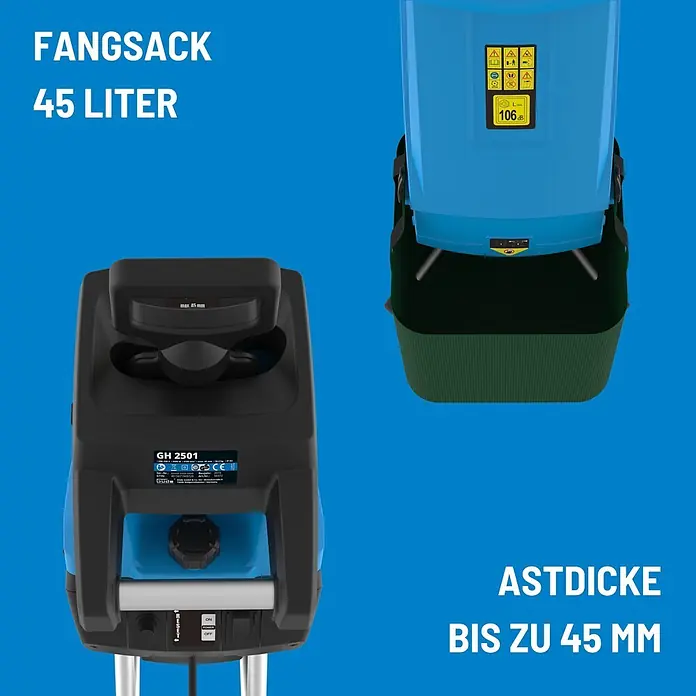 Güde Elektro-Messerhäcksler GH 2501 - Max. Aststärke: 4,5 cm - Blauer und schwarzer Gartenhäcksler mit grünem 45-Liter-Fangsack, für Aststärken bis 45 mm, vor blauem Hintergrund.