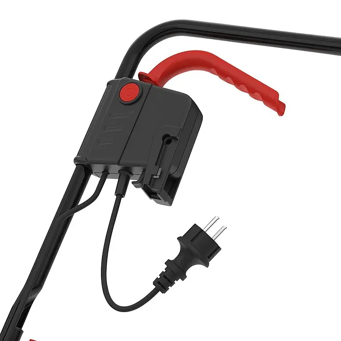 Güde Elektro-Vertikutierer GV 1431 2in1 - 1.400 W, Arbeitsbreite: 31 cm - Schwarzer und roter Griff eines Elektro-Rasenmähers mit Steuerbox und angeschlossenem Netzkabel mit Eurostecker.
