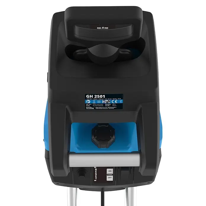 Güde Elektro-Messerhäcksler GH 2501 - Max. Aststärke: 4,5 cm - Schwarzer und blauer Gartenhäcksler mit Griff und Bedienfeld mit Ein/Aus-Schalter.