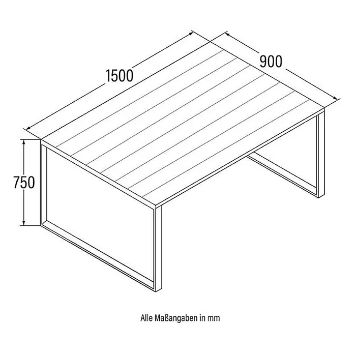 Home Deluxe Gartentisch CANTOS - L x B x H: 150 x 90 x 75 cm, Anthrazitgrau - Skizze eines rechteckigen Tisches, 1500mm lang, 900mm breit und 750mm hoch.