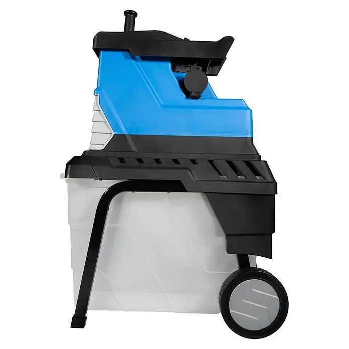 Güde Elektro-Walzenhäcksler GH 2800 Super Silent - Max. Aststärke: 4,5 cm - Blauer und schwarzer Gartenhäcksler mit transluzentem weißem Auffangbehälter und Rädern.