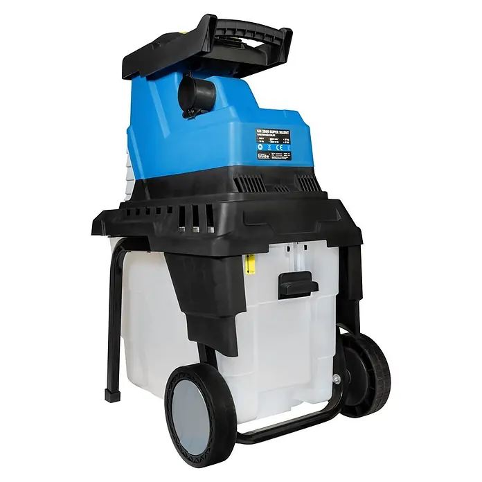 Güde Elektro-Walzenhäcksler GH 2800 Super Silent - Max. Aststärke: 4,5 cm - Blauer und schwarzer Gartenhäcksler mit Rädern und transparentem Auffangbehälter.