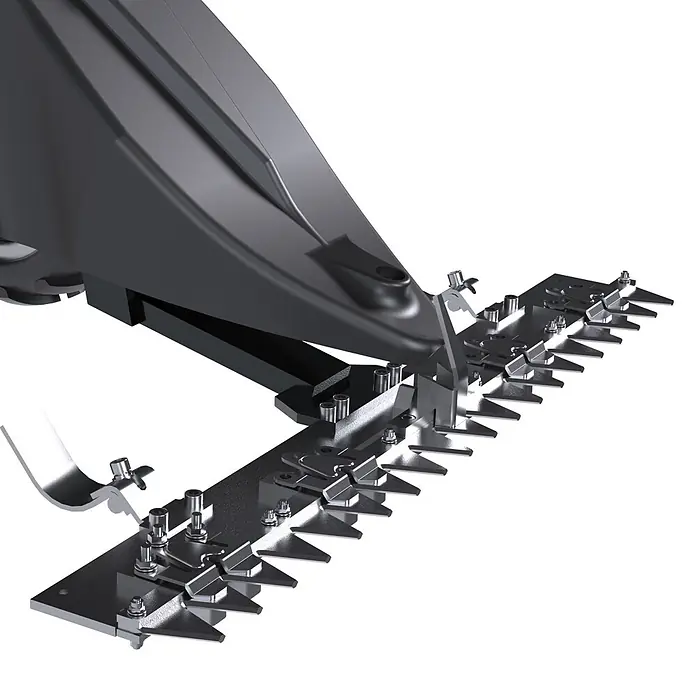 Güde Frontbalkenmäher GBM 970-212 Pro - Schnittbreite: 970 mm - Nahaufnahme eines metallischen, gezahnten Schneidmessersatzes eines Gartengeräts.