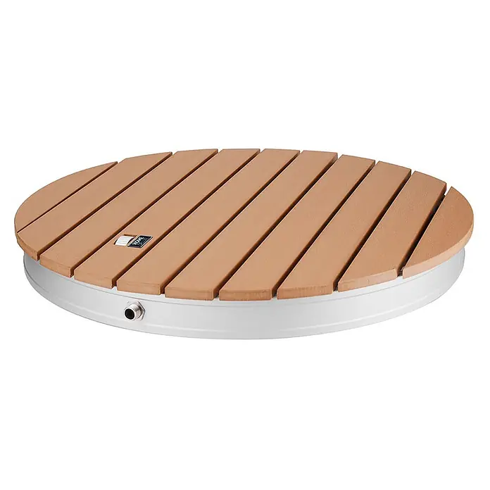 Home Deluxe Bodendusche CALIA - Teak - Runde Außenduschwanne mit brauner Lattenrost-Oberfläche und weißem Unterbau.
