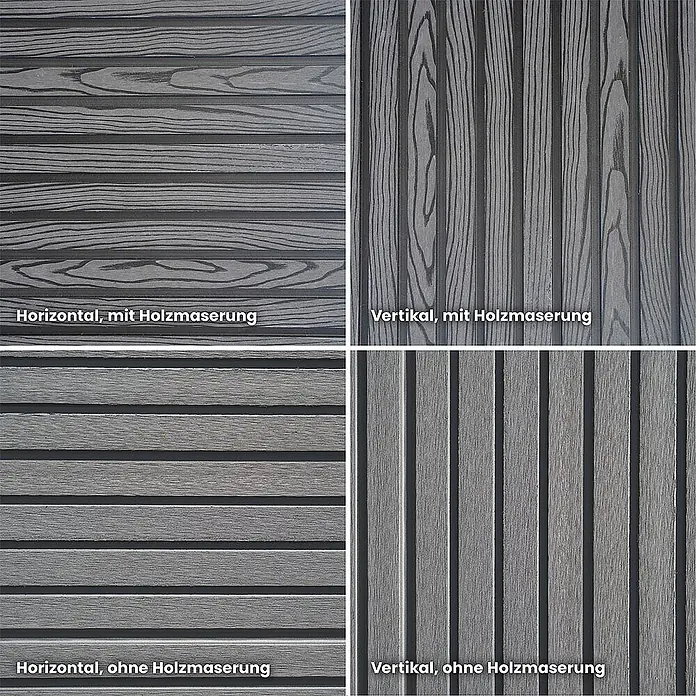 Home Deluxe Sichtschutzelement CALLADO PREMIUM - Höhe: 185 cm, Ausführung: 1 x Element + 2 x Pfosten - Verbundwerkstoff, Anthrazit - Graue Verbundplatten in horizontaler & vertikaler Ausrichtung, teils mit Holzmaserung, teils glatt.