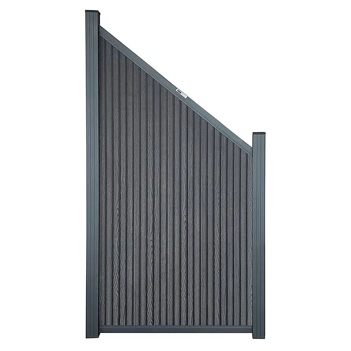 Home Deluxe Sichtschutzelement CALLADO PREMIUM Paneele: Vertikale Paneele - Verbundwerkstoff, Anthrazit - Dunkelgraues WPC-Sichtschutzelement mit Holzmaserung und schräger Oberkante, gerahmt von grauen Aluminiumpfosten.