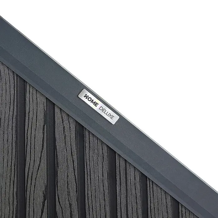 Home Deluxe Sichtschutzelement CALLADO PREMIUM Paneele: Vertikale Paneele - Verbundwerkstoff, Anthrazit - Nahaufnahme von dunkelgrauer Holzmaserung-Verkleidung mit glatter dunkelgrauer Leiste und 'HOME DELUXE' Etikett.