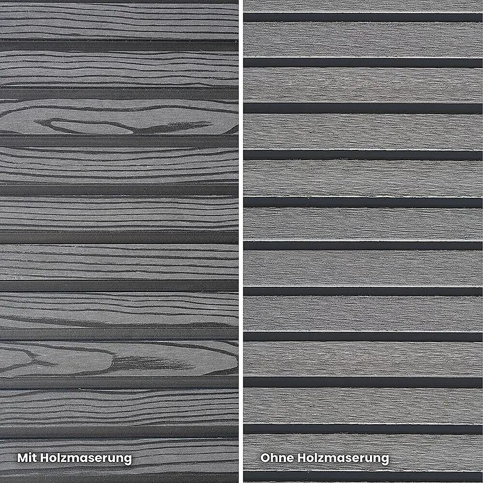 Home Deluxe Sichtschutzelement CALLADO PREMIUM Paneele: Horizontal - Verbundwerkstoff, Anthrazit - Zwei graue WPC-Dielen: eine mit Holzmaserung, eine glatt. Ideal für Terrassen oder Fassaden.