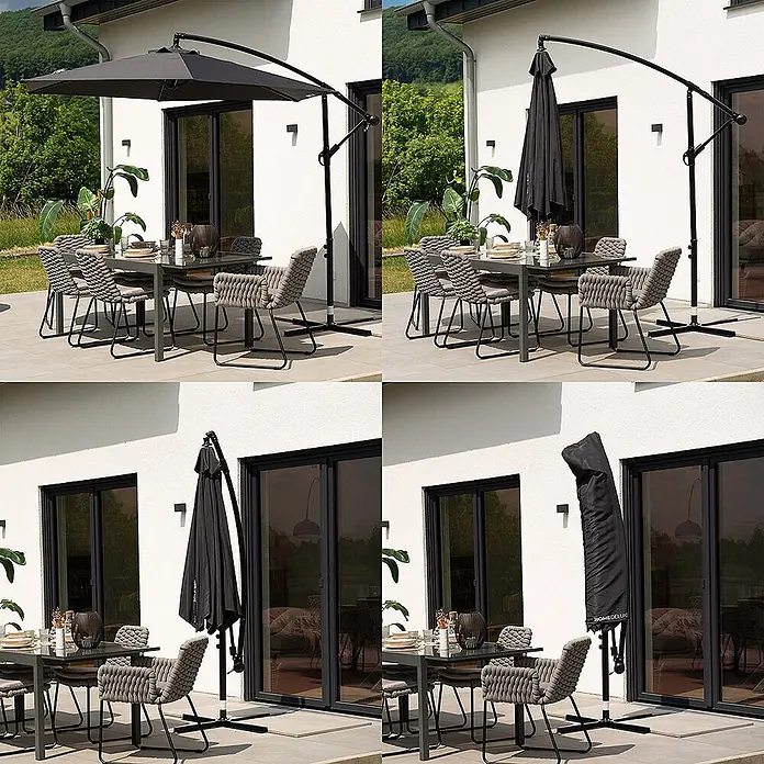 Home Deluxe Ampelschirm SOLANA - Anthrazit - Schwarzer Freiarmschirm auf einer Terrasse in vier Stadien: offen, gefaltet, geschlossen und mit Schutzhülle, über einer Essgruppe.