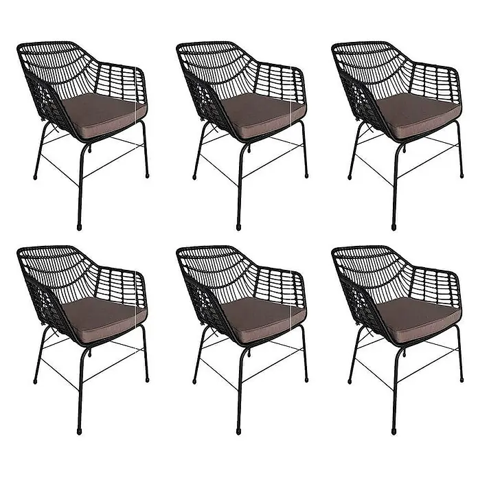Home Deluxe Gartenstuhl TARA - 6er Set - galvanisierter Stahl, Schwarz, B x T x H: 60 x 63 x 82 cm - Sechs schwarze geflochtene Sessel mit schwarzen Metallbeinen und braunen Sitzkissen.