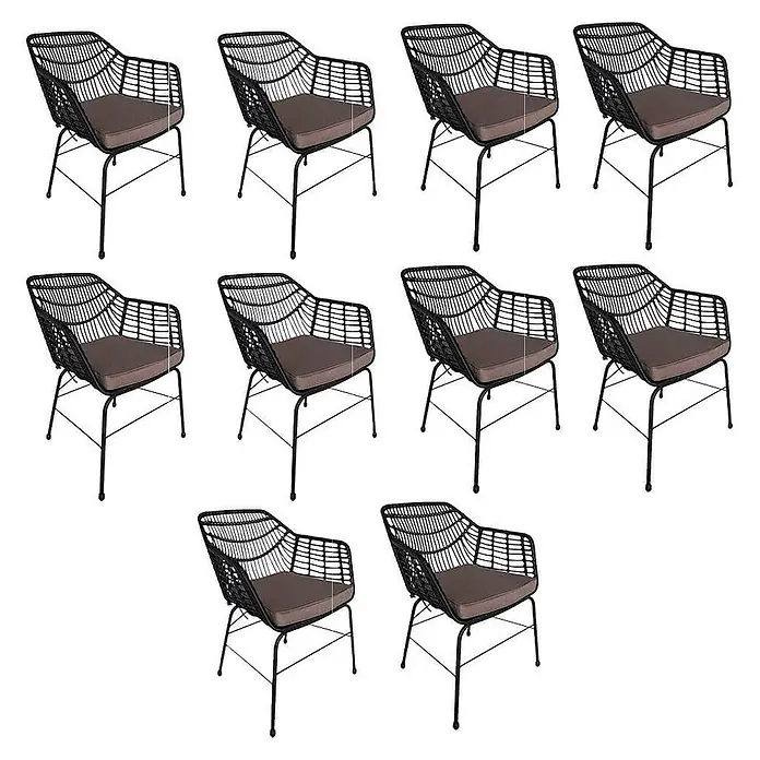 Home Deluxe Gartenstuhl TARA - 10er Set - galvanisierter Stahl, Schwarz, B x T x H: 60 x 63 x 82 cm - Set schwarzer geflochtener Sessel mit braunen Kissen und schwarzen Metallbeinen.