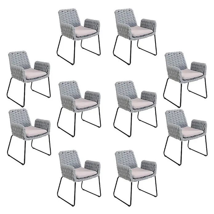 Home Deluxe Gartenstuhl mit Armlehnen BALERO - 10er Set - Pulverbeschichtet, Hellgrau, B x T x H: 63 x 62 x 85 cm - Zehner-Set hellgrauer geflochtener Sessel mit hellen Kissen und schwarzen Metallbeinen.