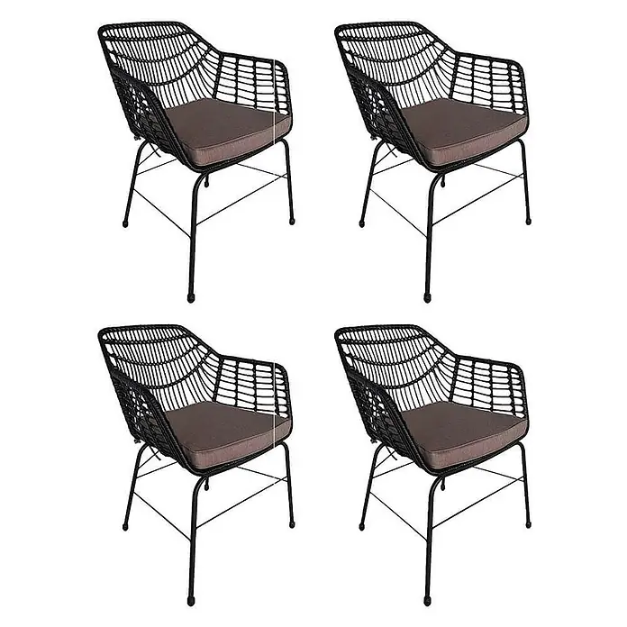 Home Deluxe Gartenstuhl TARA - 4er Set - galvanisierter Stahl, Schwarz, B x T x H: 60 x 63 x 82 cm - Vier schwarze Korbsessel mit braunen Sitzkissen.
